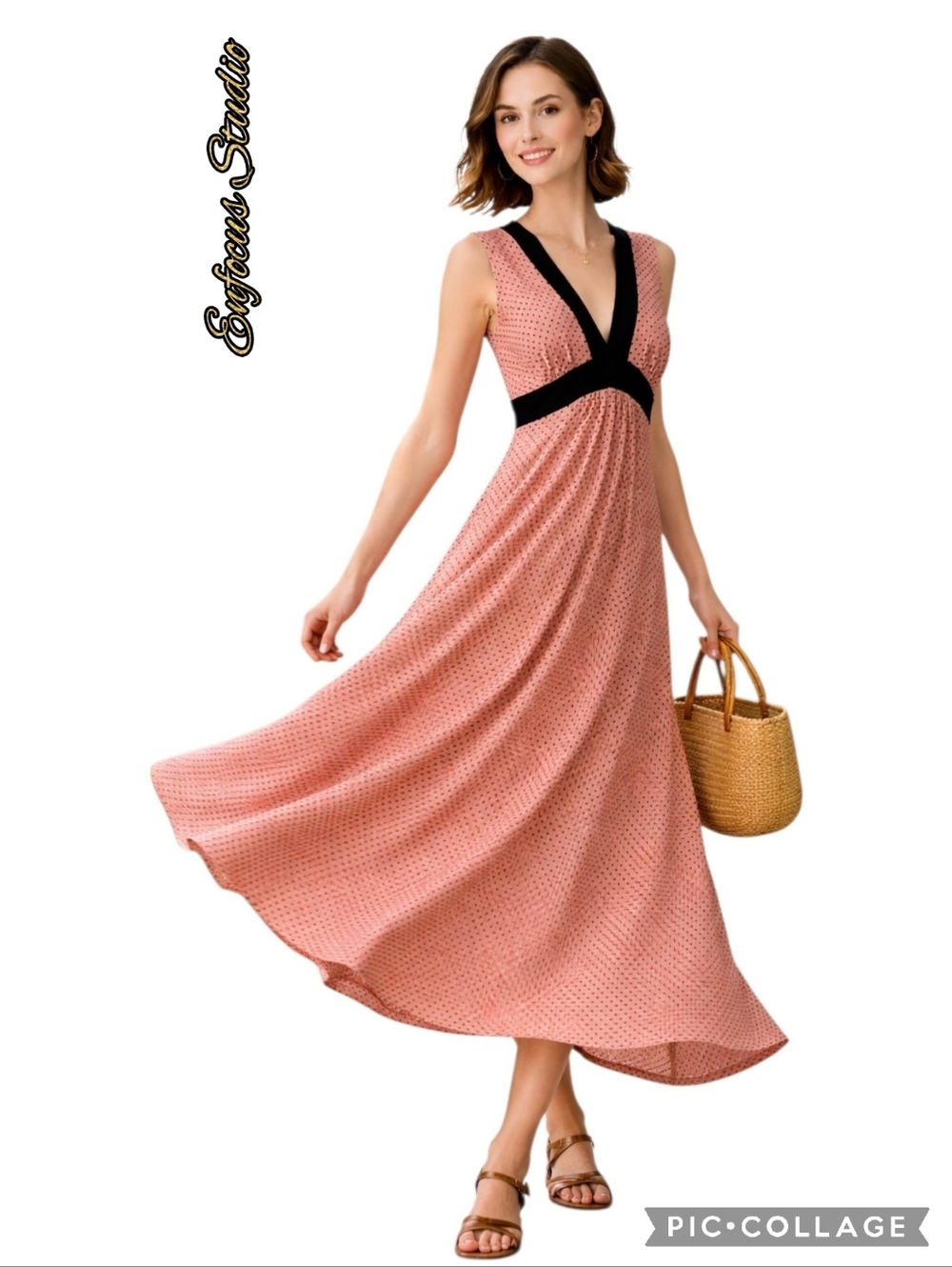 Enfocus Studio sleeveless maxi empire dress coral black polka dots & trim sz 14